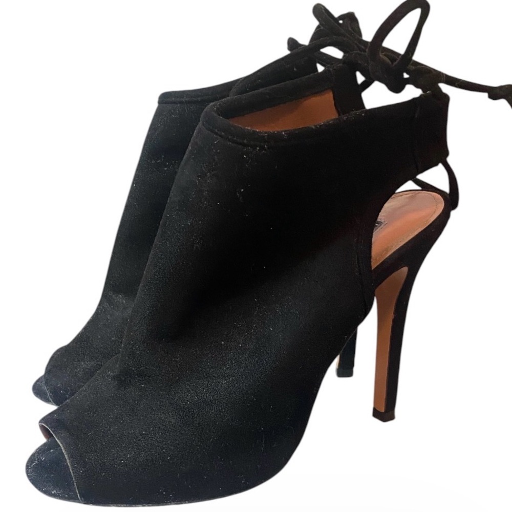 BCBG Black Suede Peep-Toe Lace-Up High Heel Booties